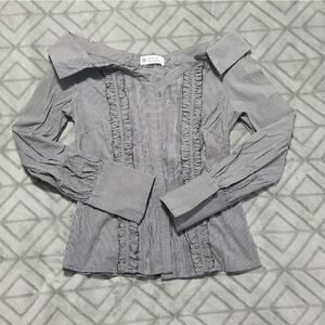 NWOT Leela & Lavender Striped Collared Ruffle Button Dressy Chic Classic Blouse